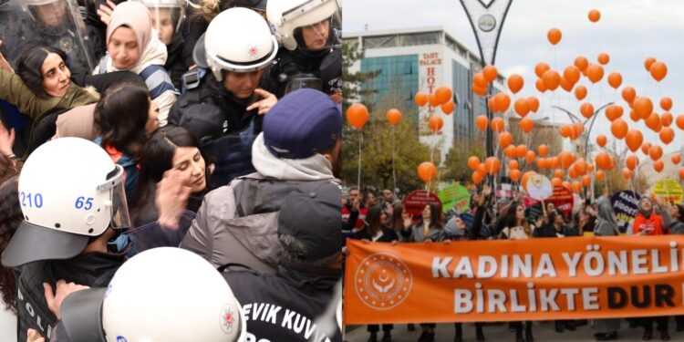 TJA’lı kadınlar darp edilirken, ‘şiddete dur diyelim’ pankartı ile yürüdüler