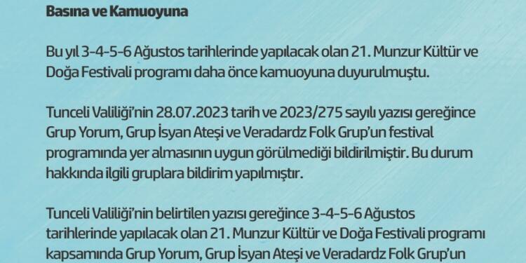 Valilikten Munzur Festivali’nde üç gruba sahne yasağı