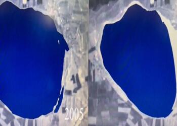 Bitlis'in Adilcevaz ilçesinde çok sayıda kuş türüne ev sahipliği yapan Arin Gölü'nde 2005'ten bu yana yaşanan çekilme ve değişim, uydu görüntülerine yansıdı. 2005 ve 2023'te gölün uyduya yansıyan görüntüleri yer alıyor. ( AA - Anadolu Ajansı )