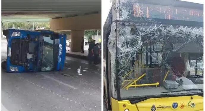 Üst geçide çarpan TIR otobüsün üstüne devrildi