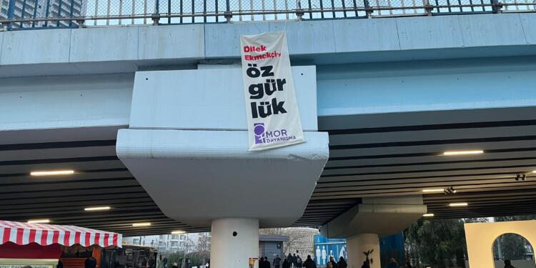 Mor Dayanışma Dilek Ekmekçi için pankart astı