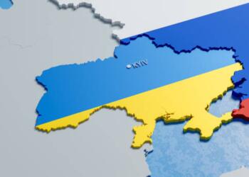 3D render of map of Ukraine and russia. Concept of war conflict, invasion, military aggression, political crisis, EU danger