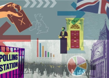 Collage styled urban graphic of British General Election icons. 10 Downing Street, Prime Minister, Democracy, Vote, Election, Government, Member of parliament,