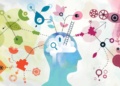 Illustration montage made from two different vectorised acrylic paintings and vector elements showing one person mind mapping.